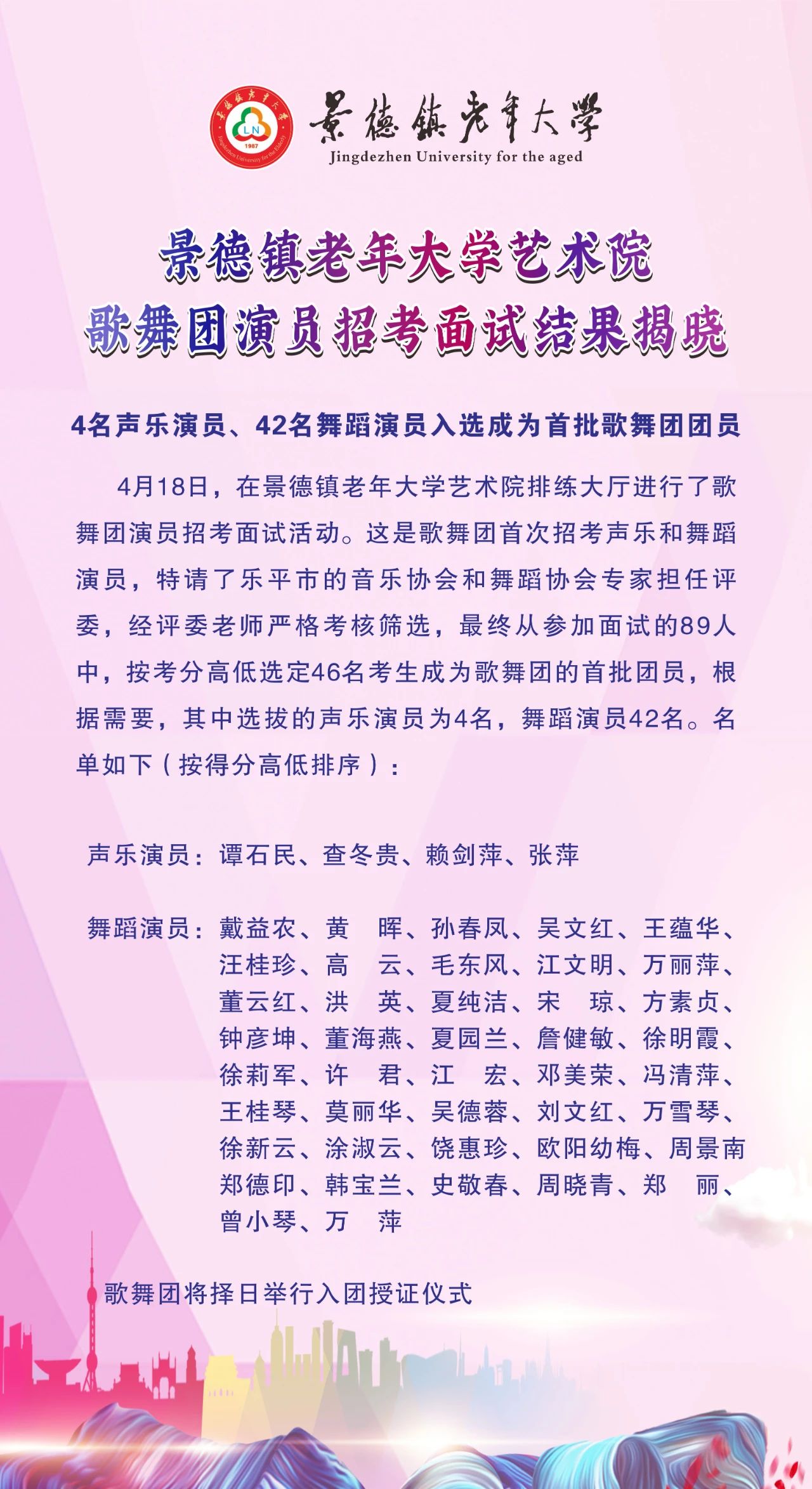 景德镇老年大学艺术院歌舞团招考面试结果揭晓