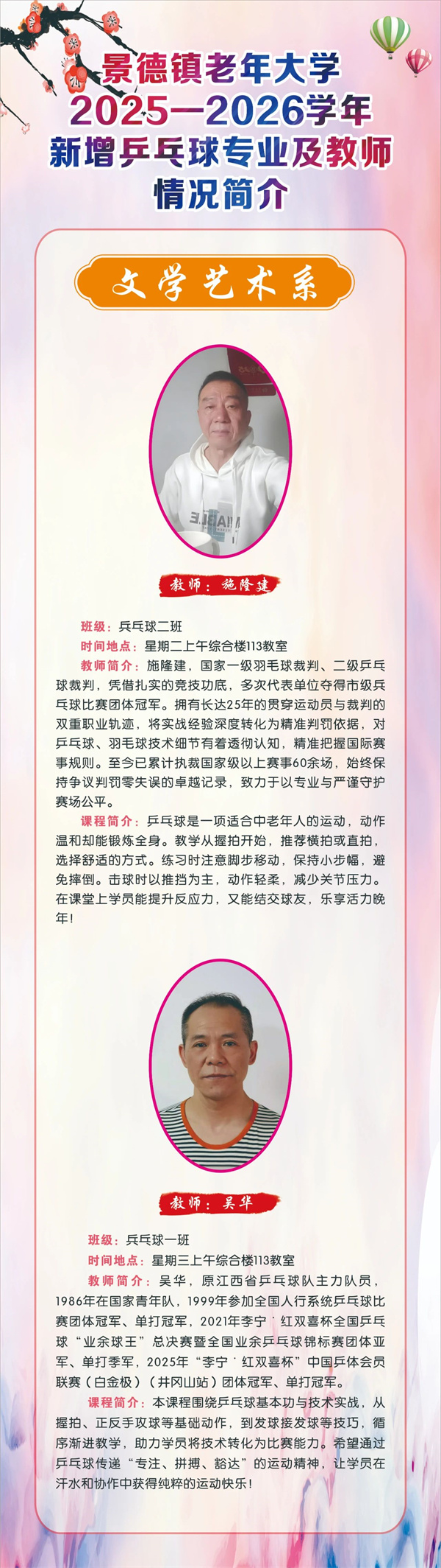 景德镇老年大学2025-2026学年新增乒乓球专业及教师情况简介